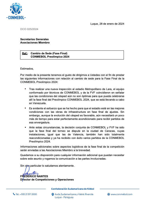 Documento de Conmebol sobre cambio de sede de Lara a Caracas.